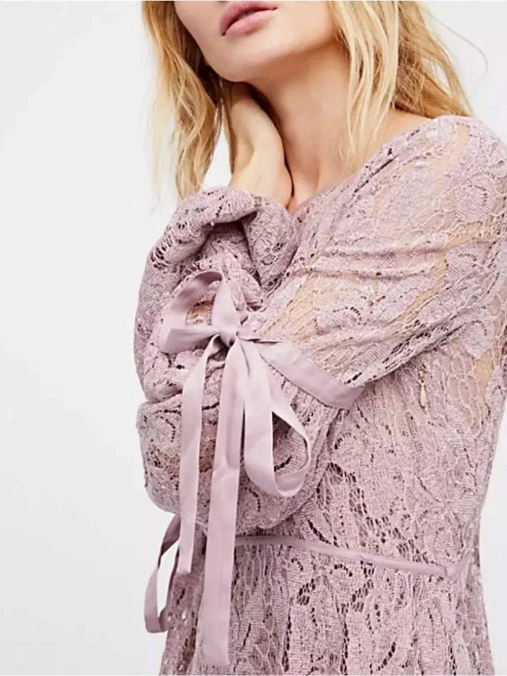 Free People Dusty Rose Lace Long-Sleeve A-Line Dress